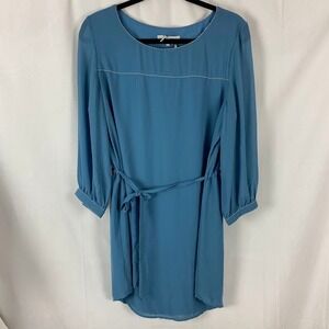 Naked Zebra Chic Blue Long Sleeve Tie Waist Casual Dress Minimalist Women' Large